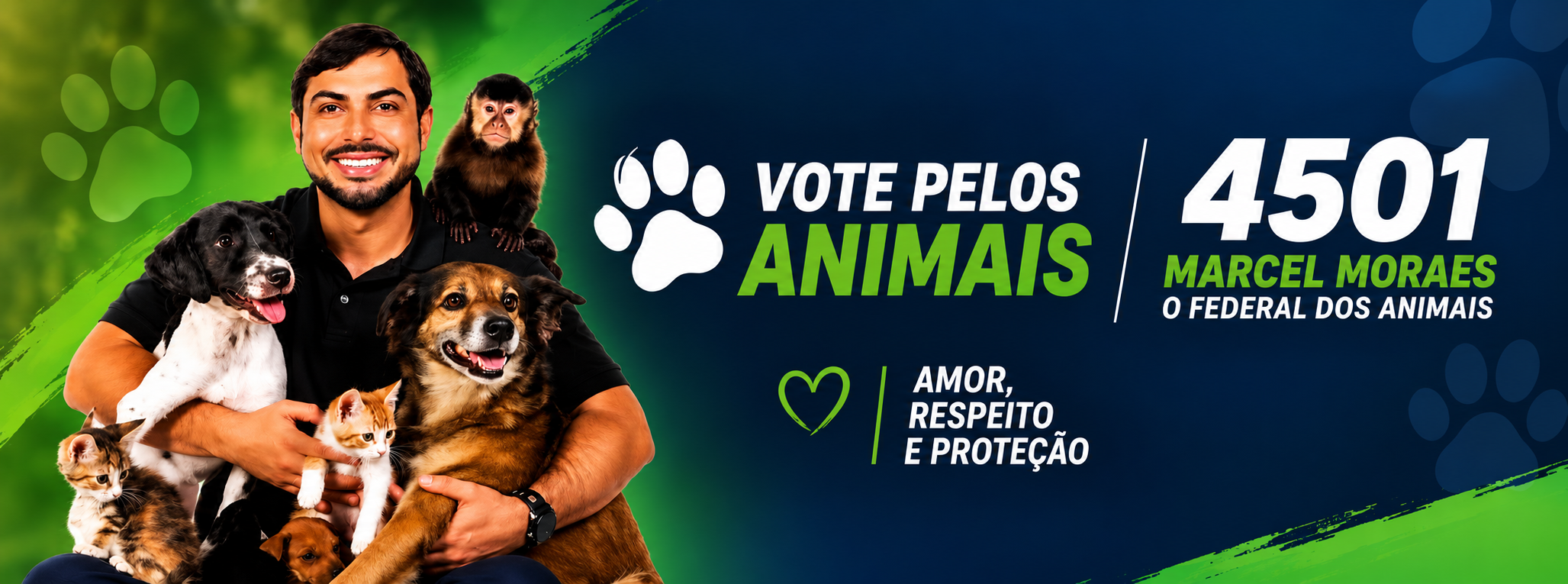 Marcell Moraes ao lado de cães, gatos e um macaco-prego. Vote pelos animais, número 4501, Marcell Moraes, O Federal dos Animais. Amor, respeito e proteção.